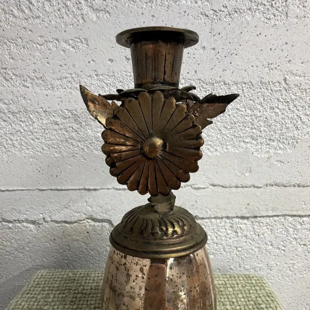 Vintage Brass Copper Candle Holder Mercury Glass Floral Flowers 8” Boho Decor